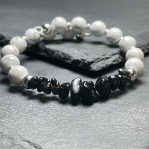 Natural Black Onyx And White Howlite Bangle Bracelet Cuff Artisan Handmade